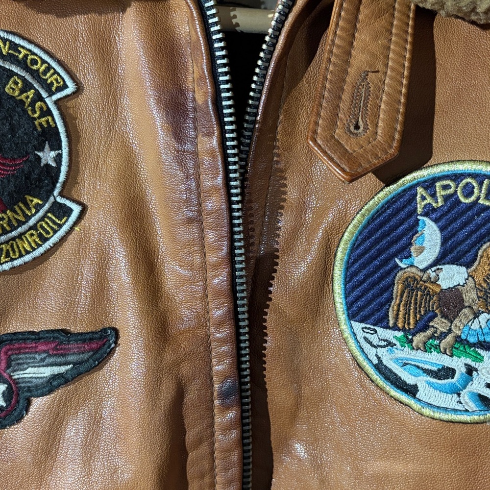 Wilson Tan Leather Bomber Jacket with Patches - Picture 8 of 13